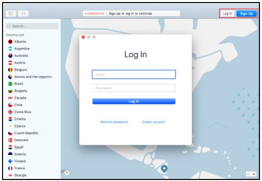 NordVPN Mac login page