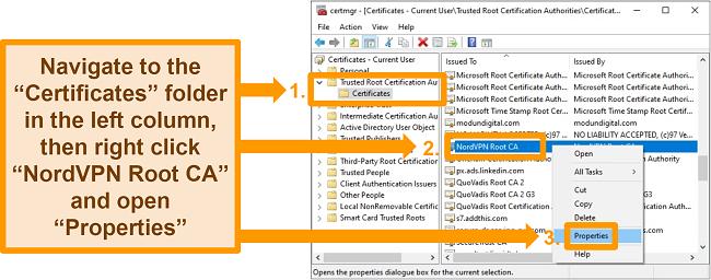 Screenshot of Windows certmgr app displaying all current certificates