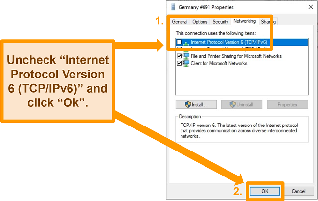 Screenshot of changing the Networking properties of a Windows network adapter