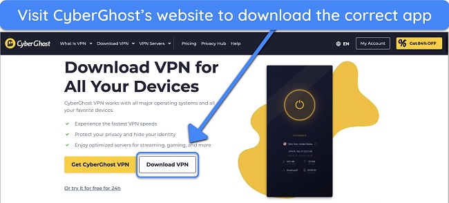 Screenshot of CyberGhost's app download page