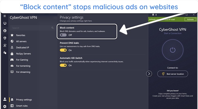 Screenshot of CyberGhost's Block Content Feature on Windows app