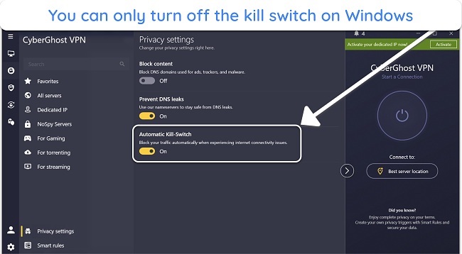 Screenshot of the Automatic Kill-Switch disabling option on CyberGhost's Windows app