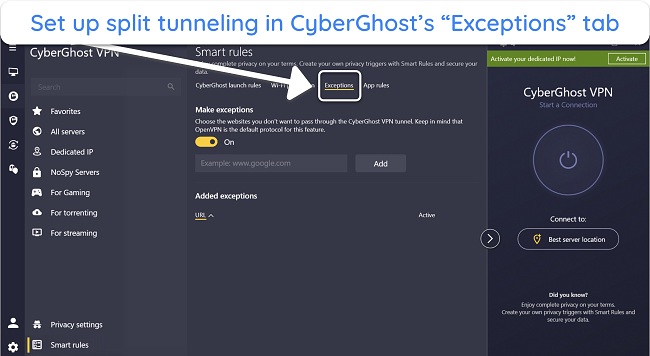 Screenshot of CyberGhost's split tunneling feature on its Windows app