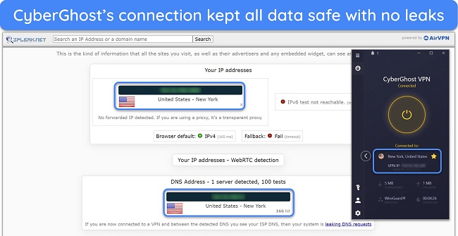 Screenshot of leak test results on CyberGhost