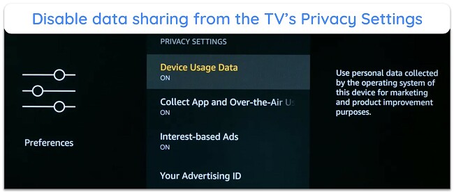 Screenshot of how to disable data sharing on a smart TV's Privacy Settings menu