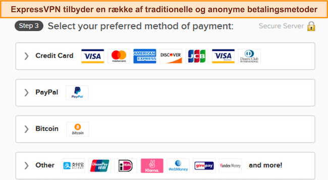 Billede af ExpressVPNs betalingsmuligheder.