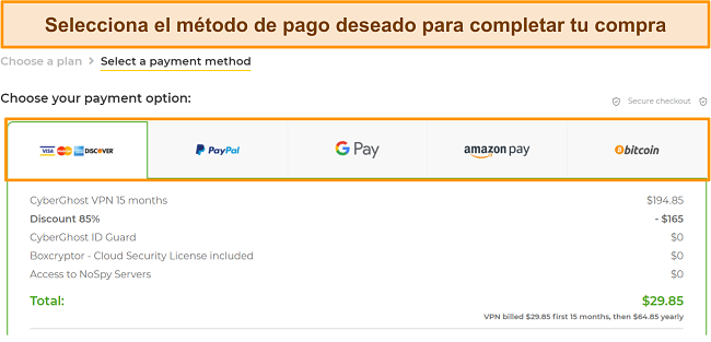 Captura de pantalla de los métodos de pago aceptados por CyberGhost