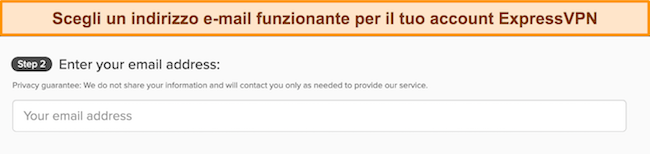 Immagine della pagina di registrazione di ExpressVPN che mostra la casella di immissione dell'e-mail.