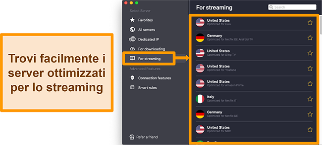 Screenshot dei server ottimizzati di CyberGhost VPN che sbloccano piattaforme di streaming come Netflix, Sling TV e Amazon Prime