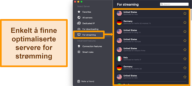 Skjermbilde av CyberGhost VPNs optimaliserte servere som blokkerer streaming-plattformer som Netflix, Sling TV og Amazon Prime