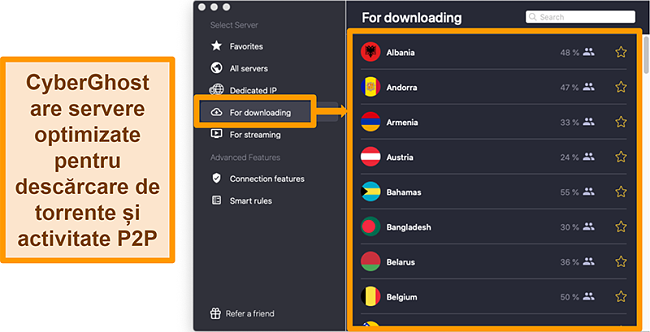 Captură de ecran a serverelor optimizate CyberGhost VPN pentru descărcare și torrentare