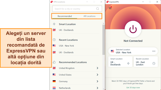 Captură de ecran a aplicației Windows ExpressVPN, evidențiind conexiunile la server recomandate și meniul de server „Toate locațiile”.