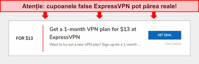 Captură de ecran cu cuponul fals ExpressVPN.