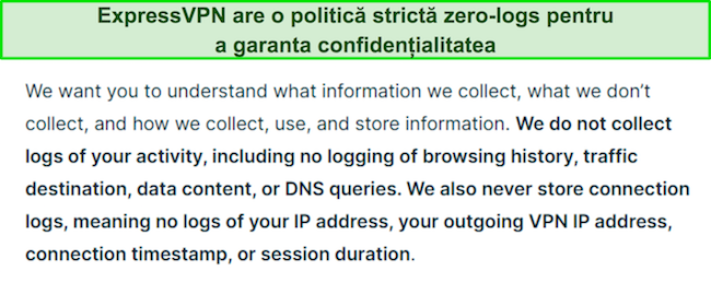 Captură de ecran a politicii de confidențialitate a ExpressVPN.