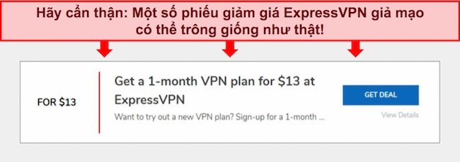 Ảnh chụp màn hình phiếu giảm giá ExpressVPN giả mạo.