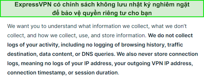 Ảnh chụp màn hình chính sách quyền riêng tư của ExpressVPN.