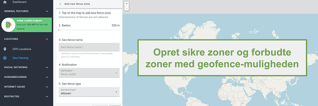 Skærmbillede af sikre zoner og forbudte zoner med indstillingen Geofence