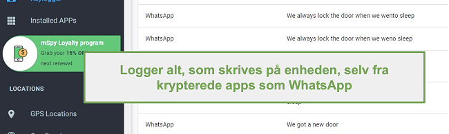 Skærmbillede af logfiler fra krypterede apps som WhatsApp