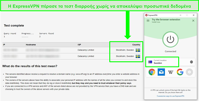 Στιγμιότυπο οθόνης του ExpressVPN που περνά μια δοκιμή διαρροής DNS ενώ συνδέεται με σουηδικούς διακομιστές