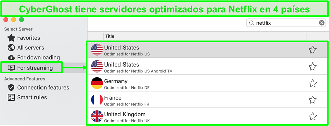 Captura de pantalla de la interfaz de la aplicación CyberGhost que muestra servidores optimizados para la transmisión de Netflix