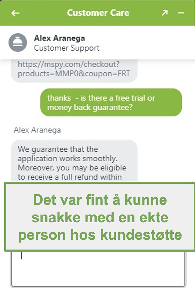 Skjermbilde av chatten med en ekte kundesupportagent