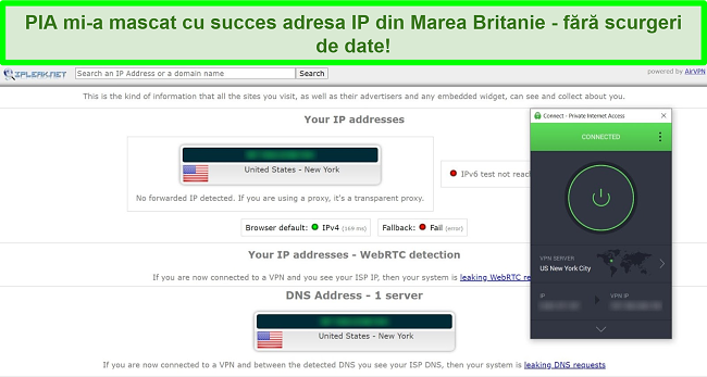 Captură de ecran a rezultatelor testului de scurgere IP cu PIA conectat la un server din SUA.