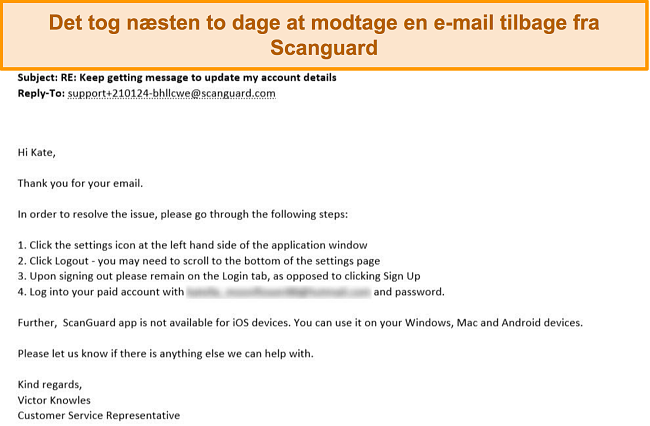 Skærmbillede af e -mail -svar fra kundesupport fra Scanguard.