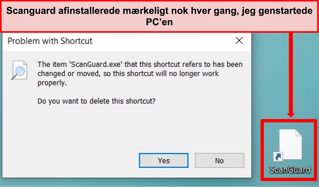 Skærmbillede af Scanguards ødelagte genvej på Windows PC.