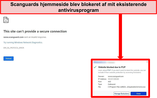 Skærmbillede af antivirus, der blokerer Scanguards websted på grund af PUP.