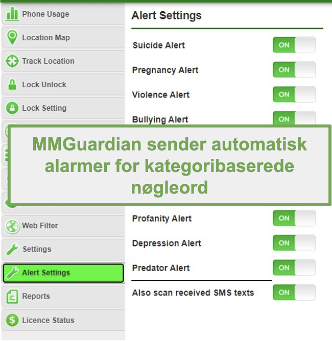 Skærmbillede af MMGuardian, der automatisk sender alarmer for kategoribaserede nøgleord