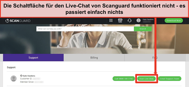 Screenshot der Support-Website von Scanguard mit hervorgehobener Schaltfläche 