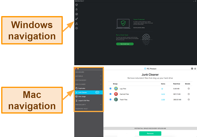 Screenshot of the PC Protect's navigation menu on Windows and Mac.