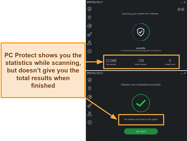 Screenshot of PC Protect performing a Malware Scan that displays the statistics only when scanning. Once completed, the results disappear.