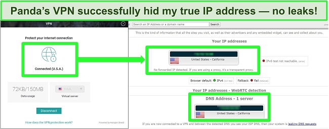 Screenshot of Panda Antivirus Review VPN Hides IP Address Leak Test Results