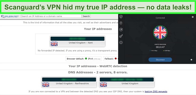 Screenshot of Scanguard's VPN and an IP leak test showing no data leaks.