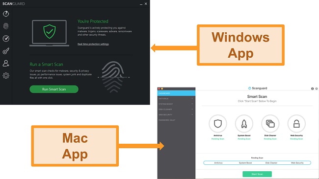 Screenshots of Scanguard's Windows and Mac interfaces.