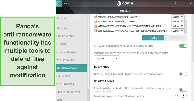 Screenshot of Panda's anti-ransomware features