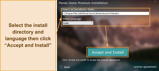 Screenshot showing how to set the install directory and language before starting the installation