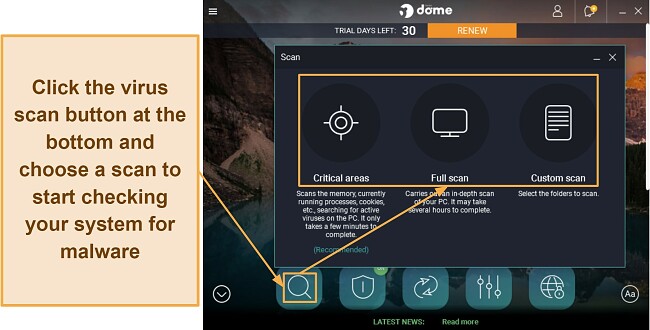 Screenshot showing how to start a scan using Panda