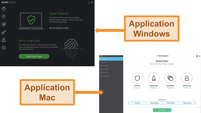 Captures d'écran des interfaces Windows et Mac de Scanguard.