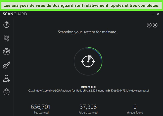 Capture d'écran de l'analyse système de Scanguard en cours d'exécution sur un PC Windows.