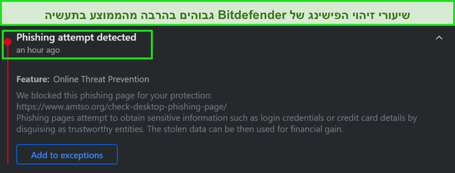 אזהרת פישינג שולחני של Bitdefender.