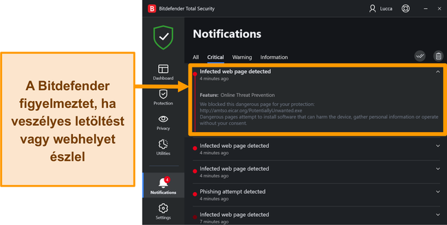 A Bitdefender asztali fenyegetésekről szóló értesítések.