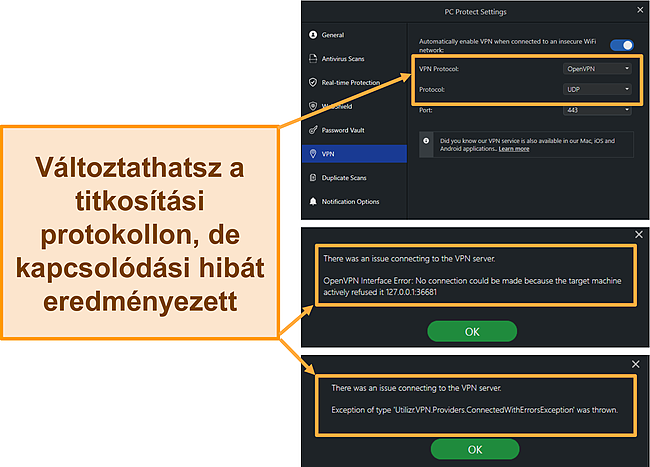 Képernyőkép a PC Protect biztonságos böngészési VPN -hibáiról és titkosítási protokolljairól.