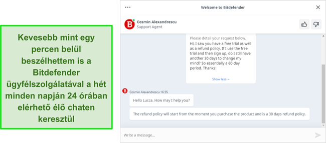Pillanatkép egy élő csevegésről egy Bitdefender támogatási ügynökkel.