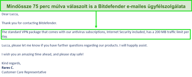 Pillanatkép a Bitdefender támogatási e-mailjéről.