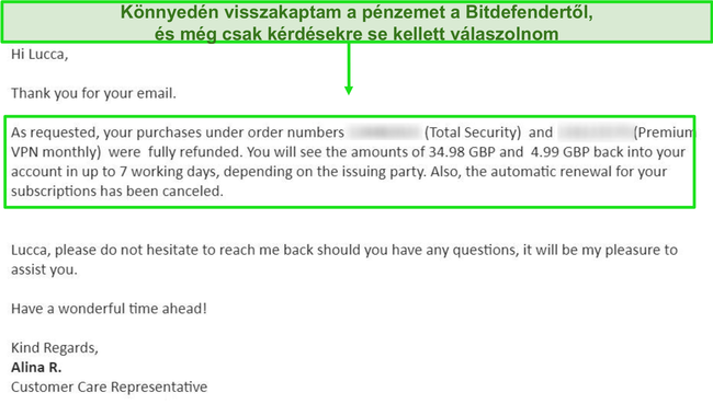 Pillanatkép a sikeres visszatérítési kérelemről egy Bitdefender támogatási ügynöktől.