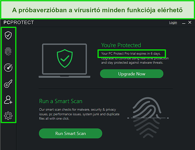 Képernyőkép a PC Protect próbaverziójáról és annak nyitott funkcióiról.