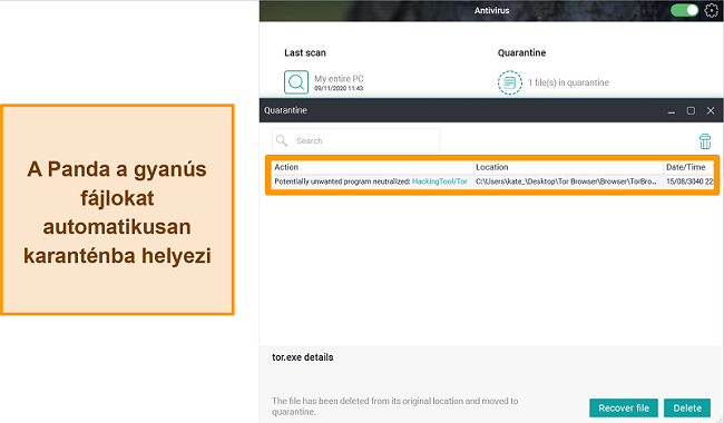 A Panda karantén funkciójának képernyőképe, kiemelve a karanténba helyezett fájlt.