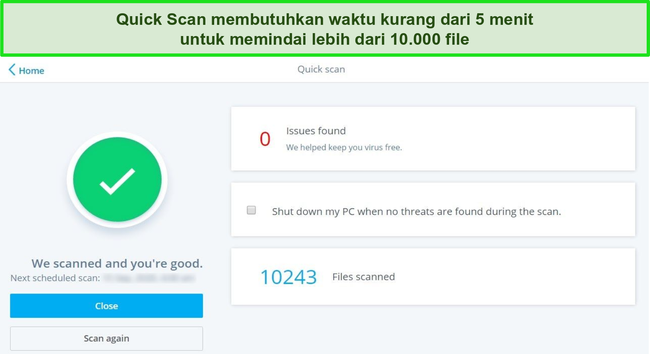 Tangkapan layar dari hasil Pemindaian Cepat McAfee